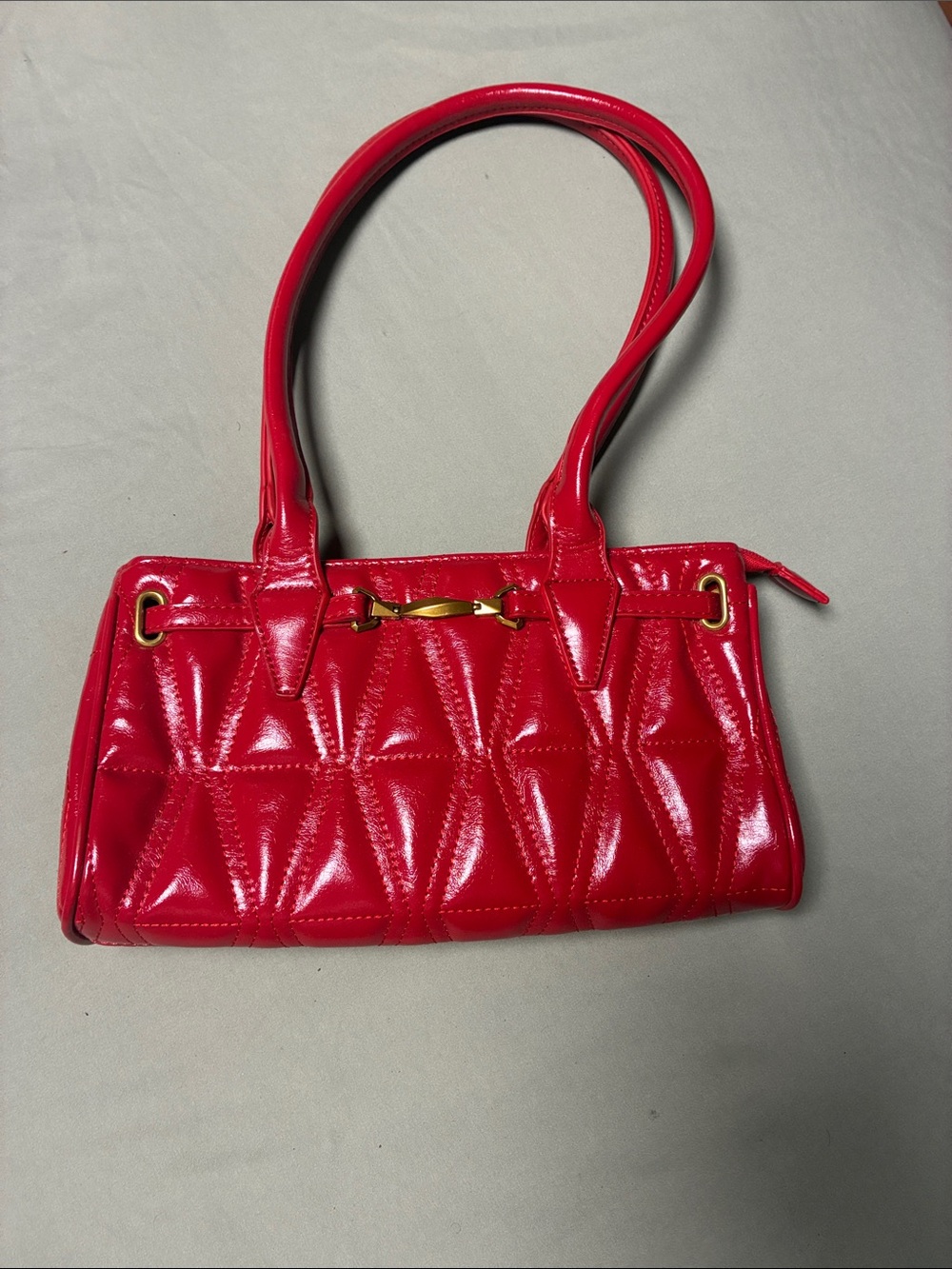 SHEIN Shiny Quilted Patent Shoulder Bag in Red with Gold Hardware